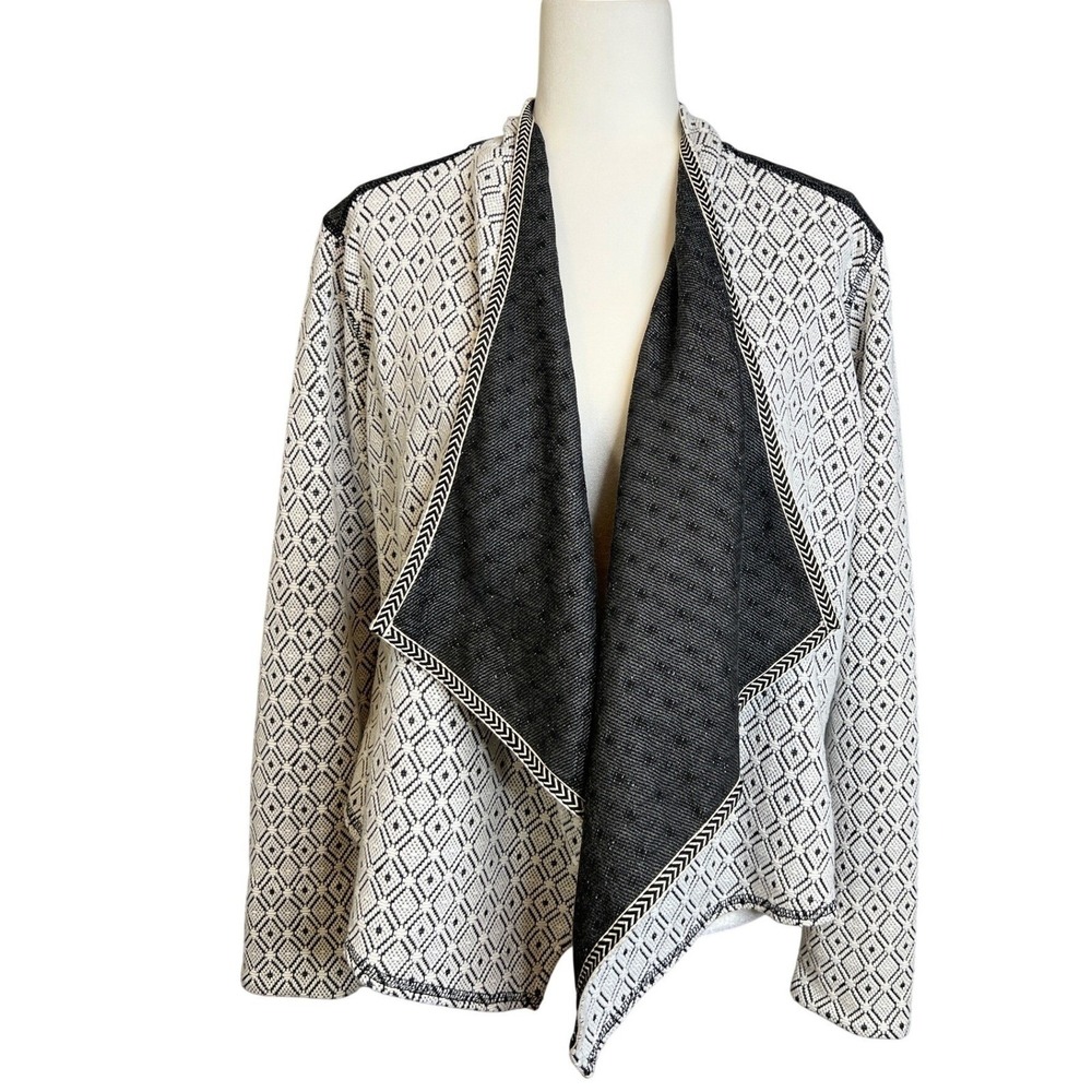 Tribal Jeans Black White‎ Geometric Waterfall Cardigan Jacket L Work Boho Chic